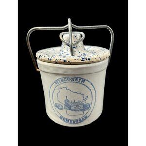 Vintage Wisconsin Homestead Stoneware Crock Jar Wire Bail Blue Splatter Lid 5"